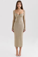 beige mesh long sleeve bodycon midi dress