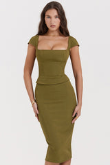 olive corset midi dress