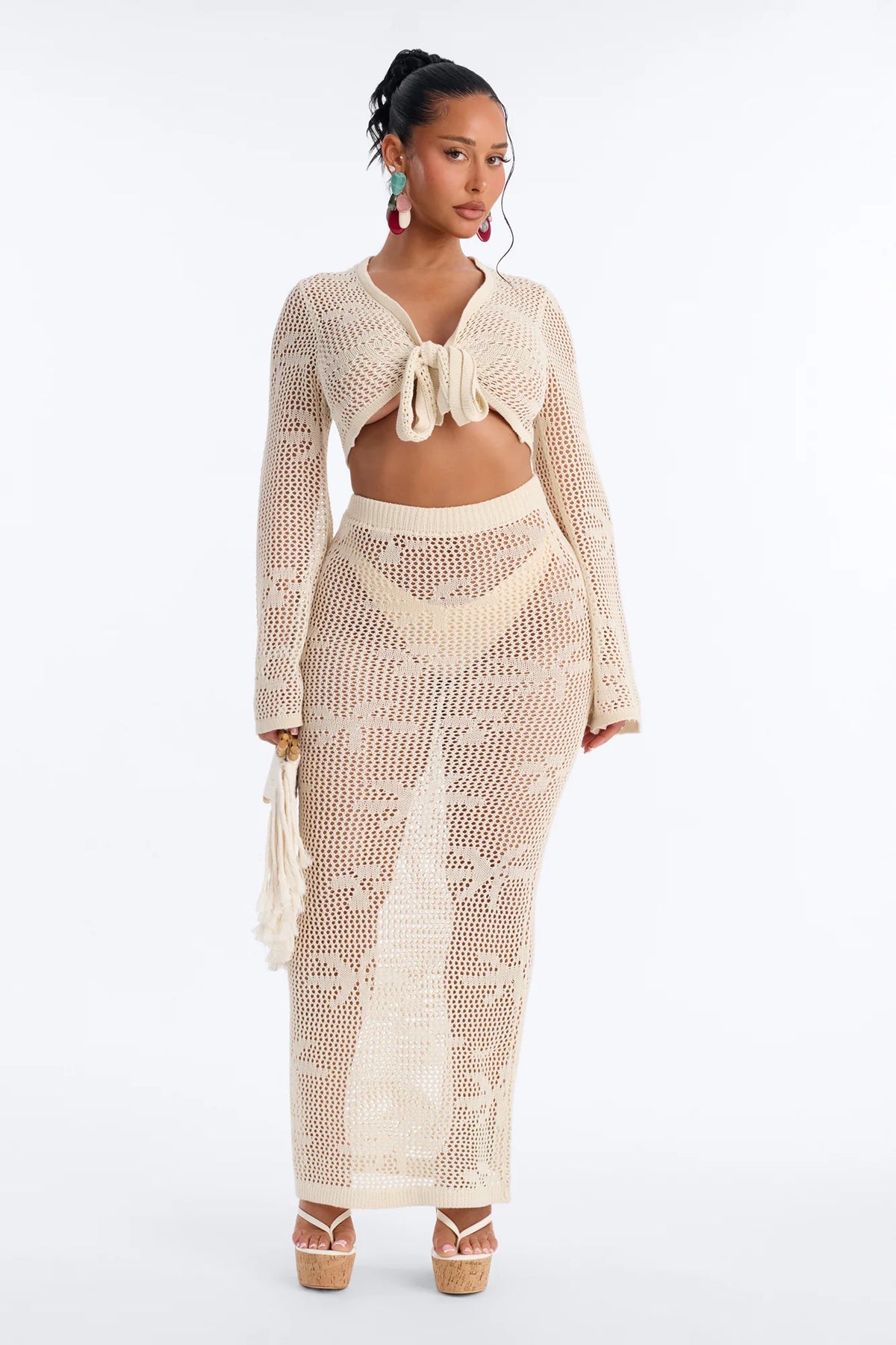 Paige Crochet 2 Piece Floral Swim Cover Up Set - Cream