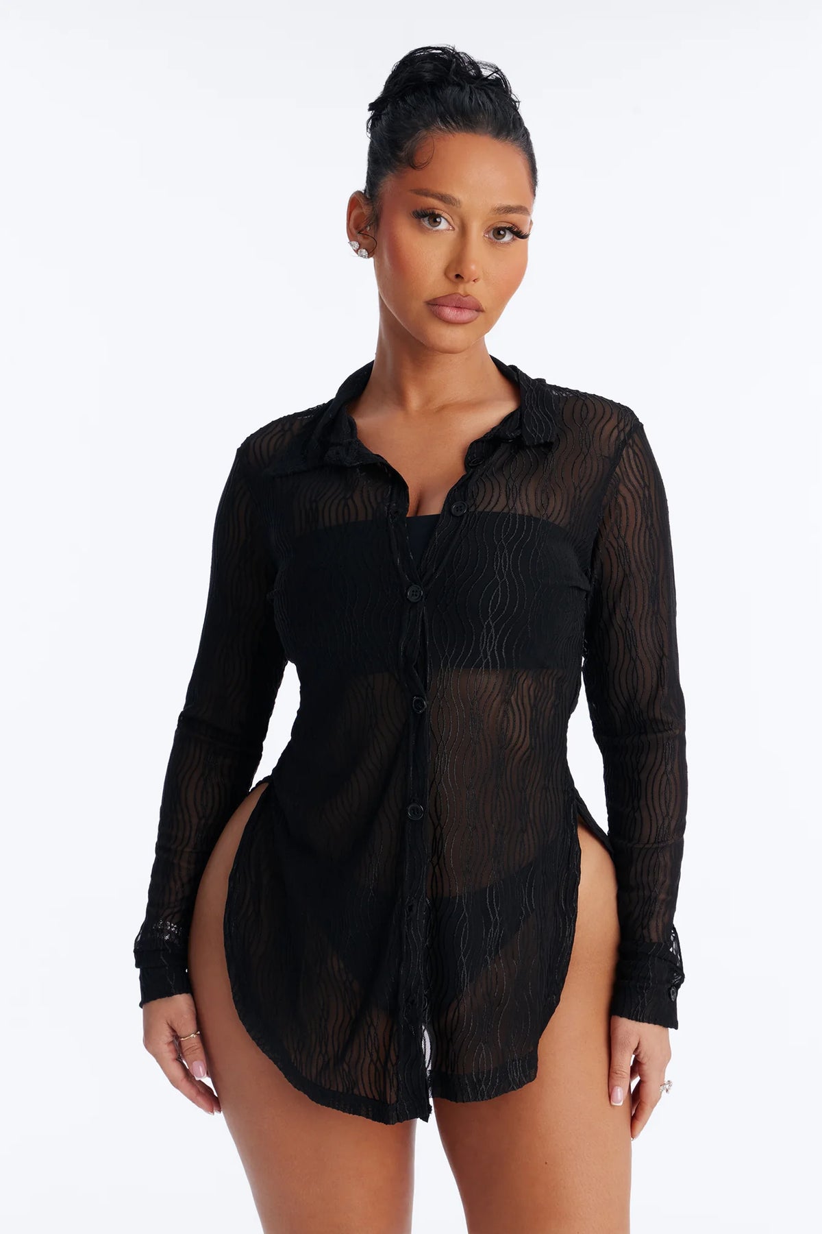 Take It Easy Mesh Cover Up Button Up Shirt - Black