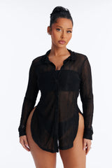 Take It Easy Mesh Cover Up Button Up Shirt - Black