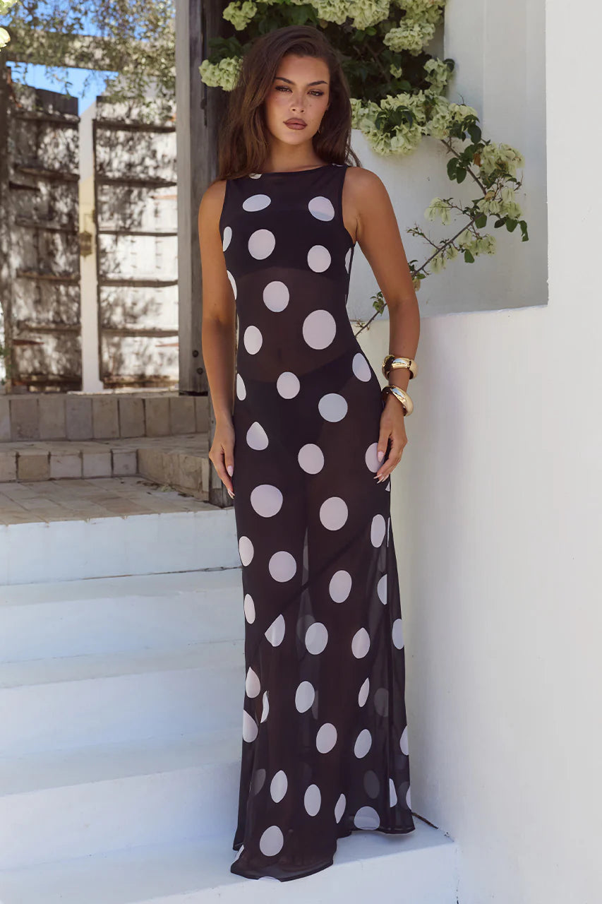 TERA HIGH NECK MAXI DRESS - BLACK/WHITE POLKA