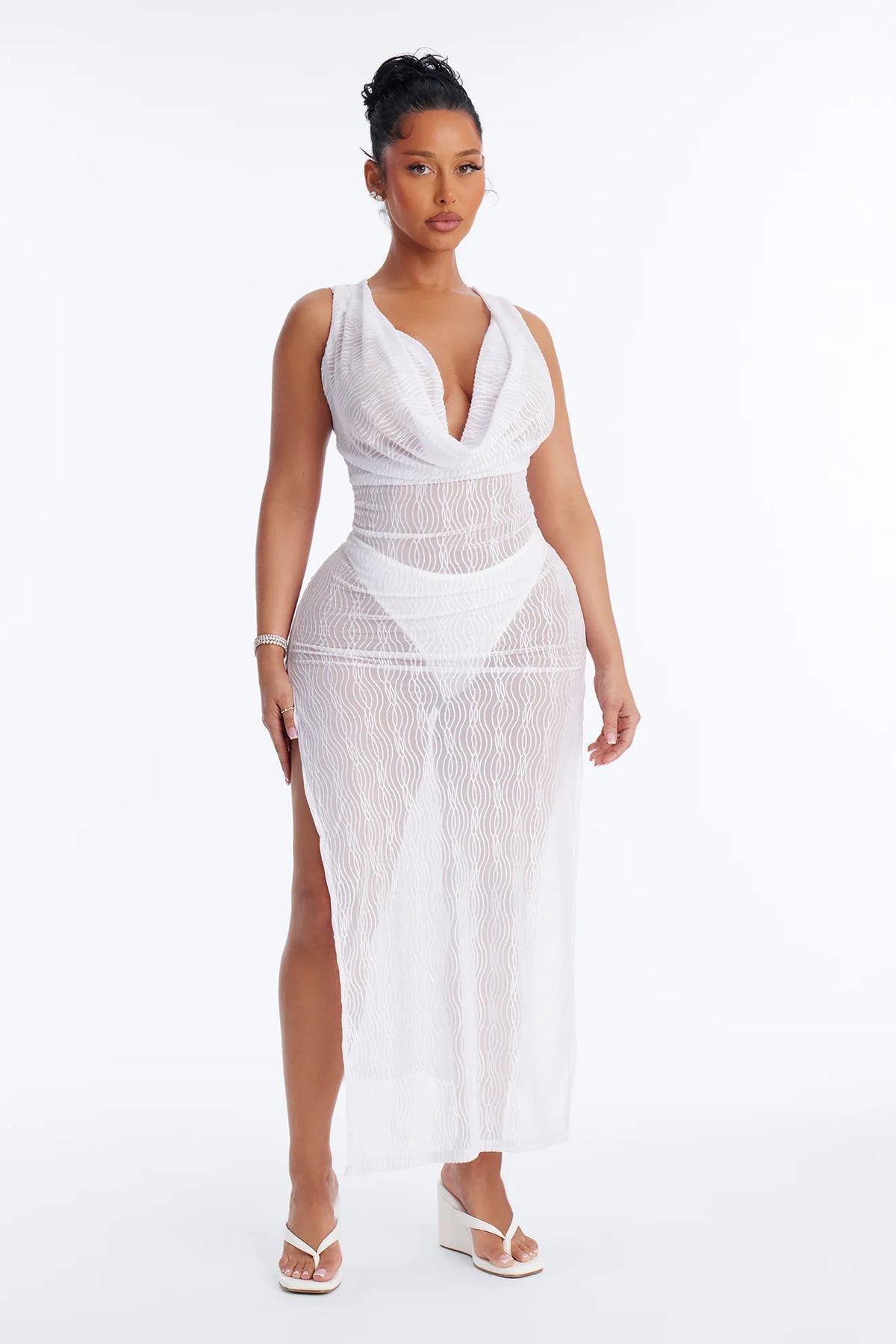 Sunshine Living Mesh Cover Up Cowl Midi Dress - White