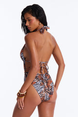 Soaking Up Animal Back Tie 1 Piece Swimsuit - Brown/combo