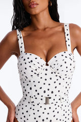 Coastal Romance 1 Piece Polka Dot Belted Underwire Swimsuit - White/Black