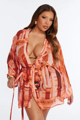 Enjoy The Waves Novelty Swim Cover Up Kimono - Orange