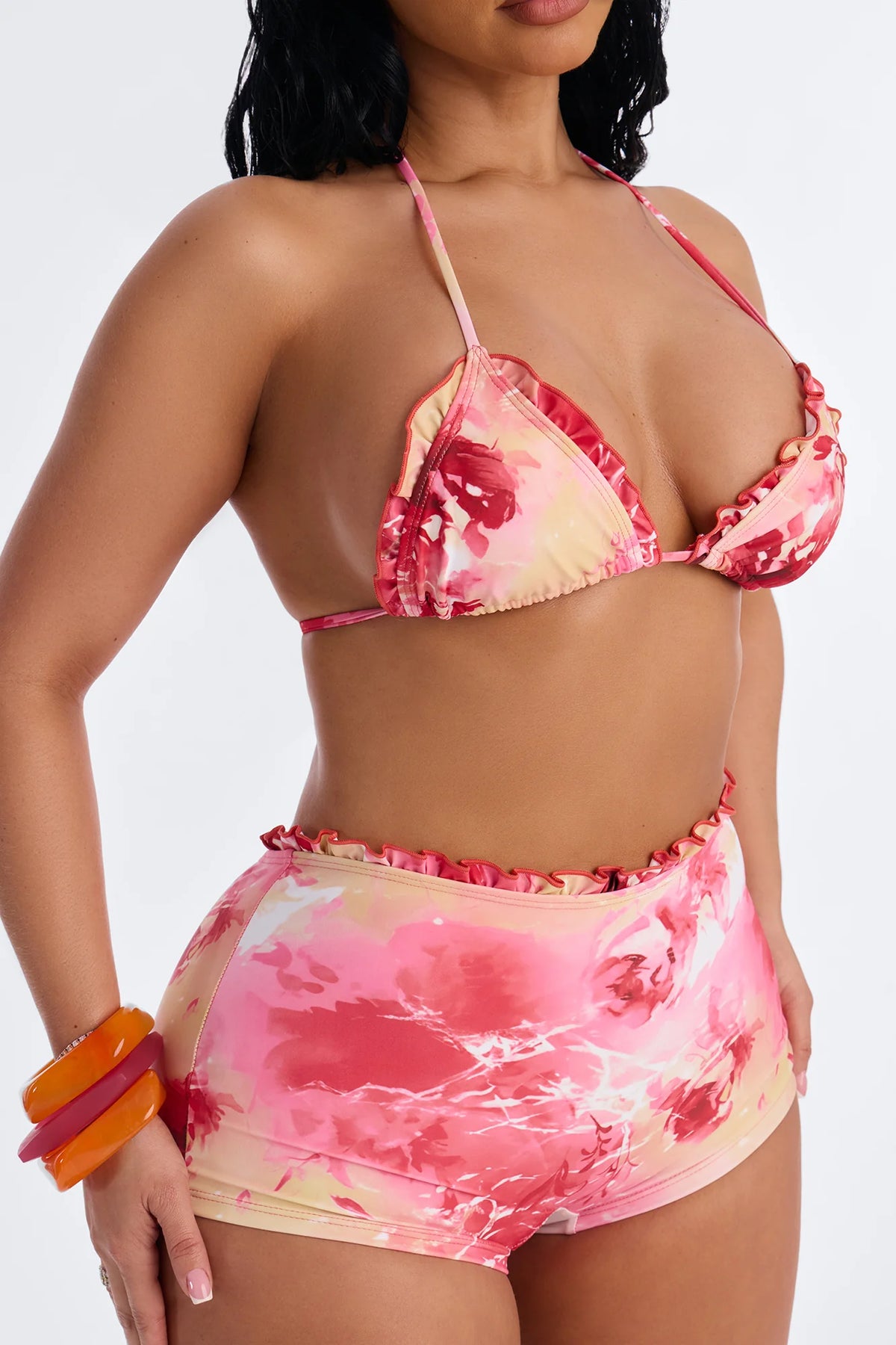 Rina 2 Piece Ruffle Floral Triangle Bikini & Boyshort Bottom Set - Pink/combo