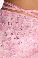 Salt Water Embellished Floral Sequin Trim Strappy Waist Tie Swim Cover Up Skirt - Pink