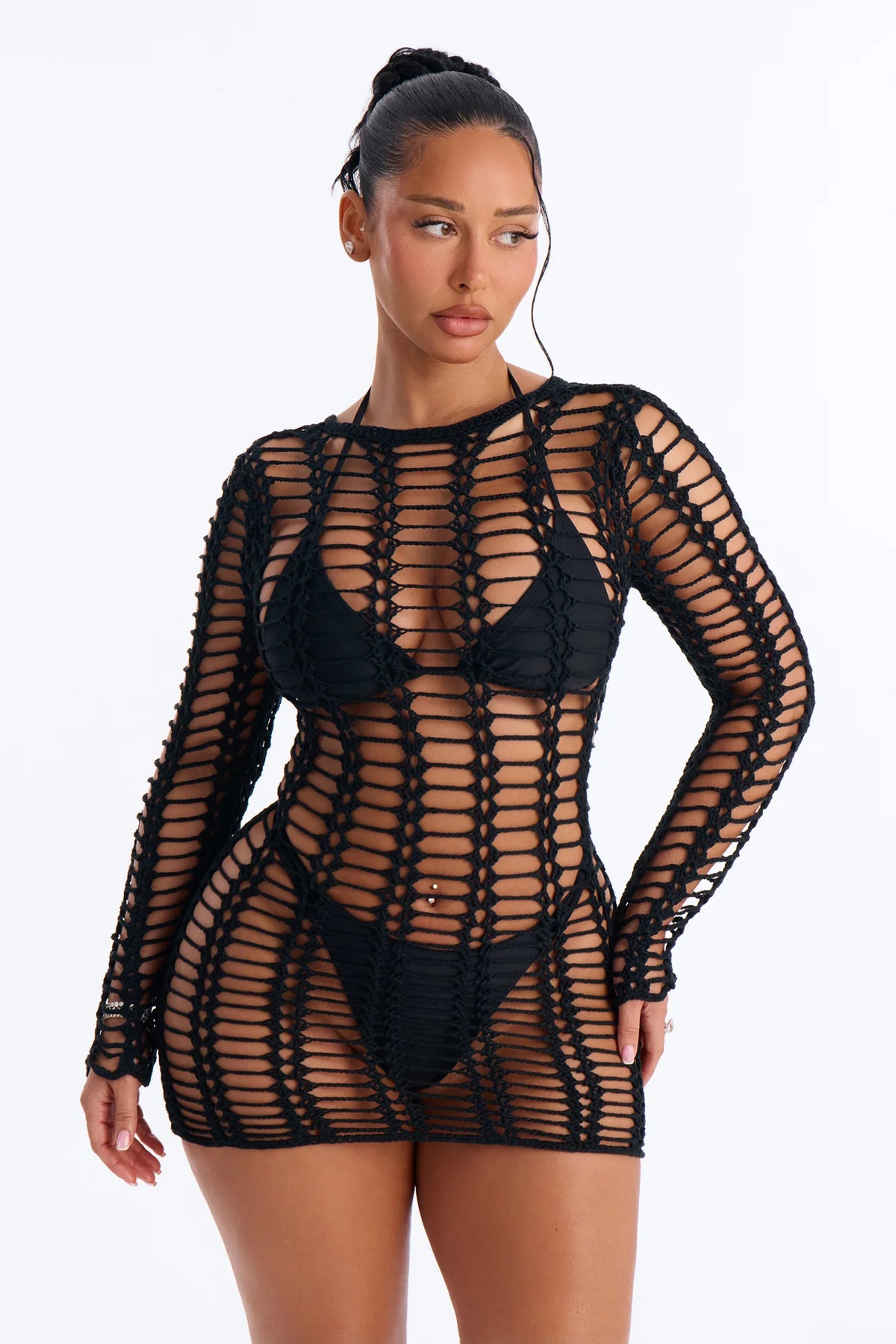 Beach Bound Crochet Long Sleeve Mini Cover Up Dress - Black