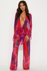 Summer Muse Cowl Neck Mesh Cover Up Pants Set - Red/combo