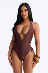 Paige Hardware Deep V-Neck Side Ruching 1 Piece Swimsuit - Brown