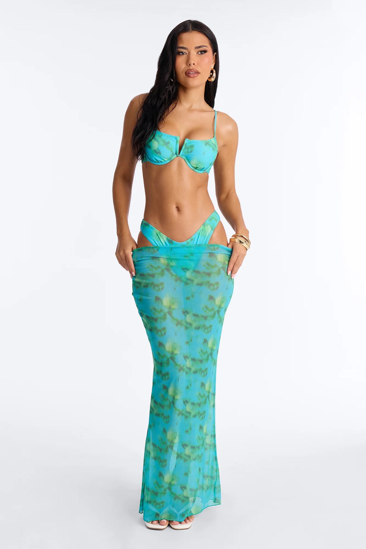 Julie Abstract Underwire 3 Piece Bikini Skirt Set - Turquoise