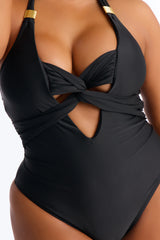 Sand Castle Twisted Cut Out Hardware 1 Piece Swimsuit - Black
