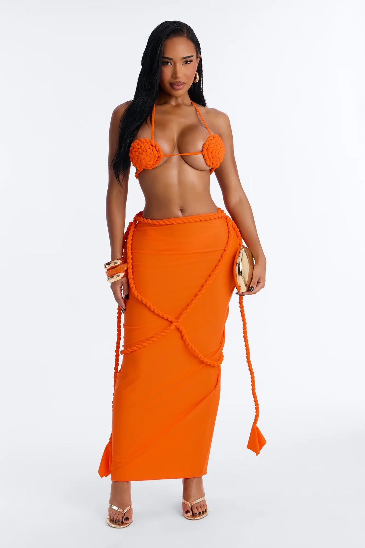 Leo Summer Rope 3 Piece Bikini & Maxi Skirt Set - Orange