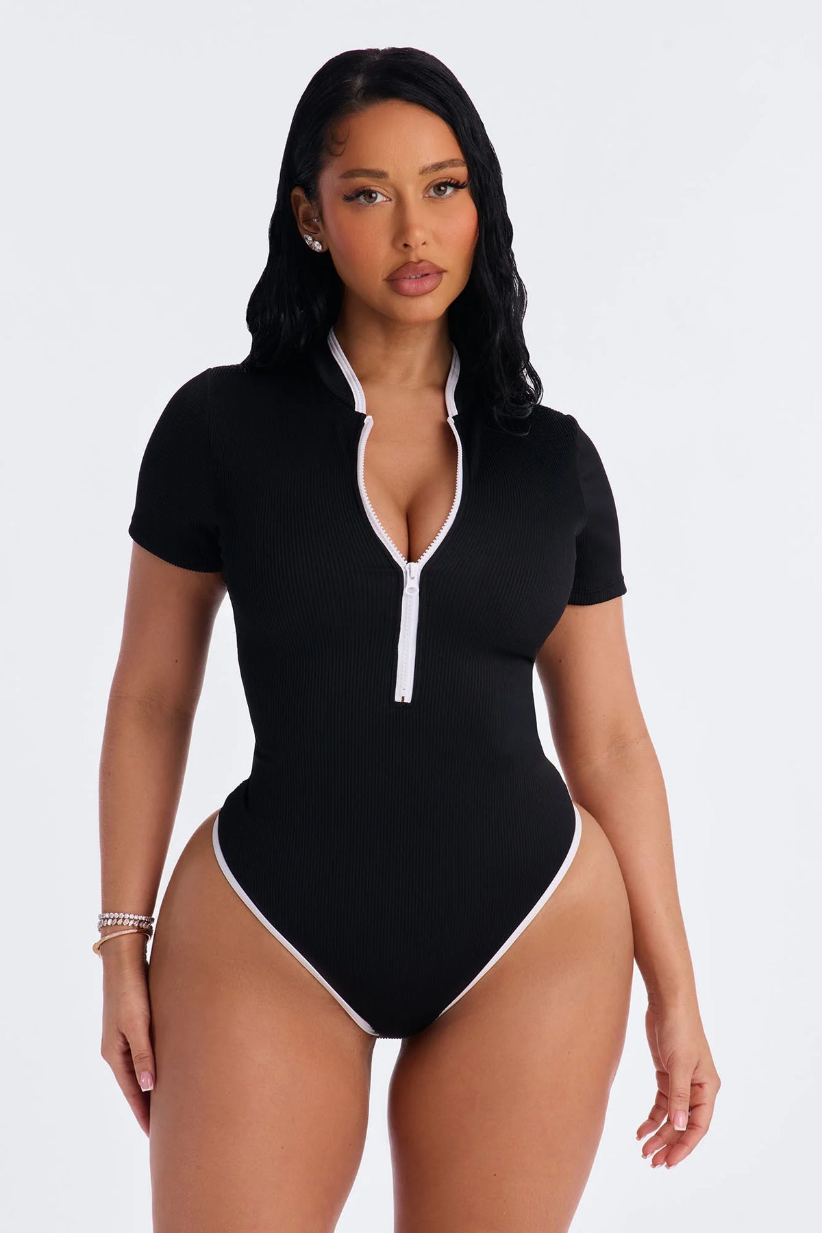 Elevated Ribbed 1 Piece Zip Up Short Sleeve Swimsuit - Black/White