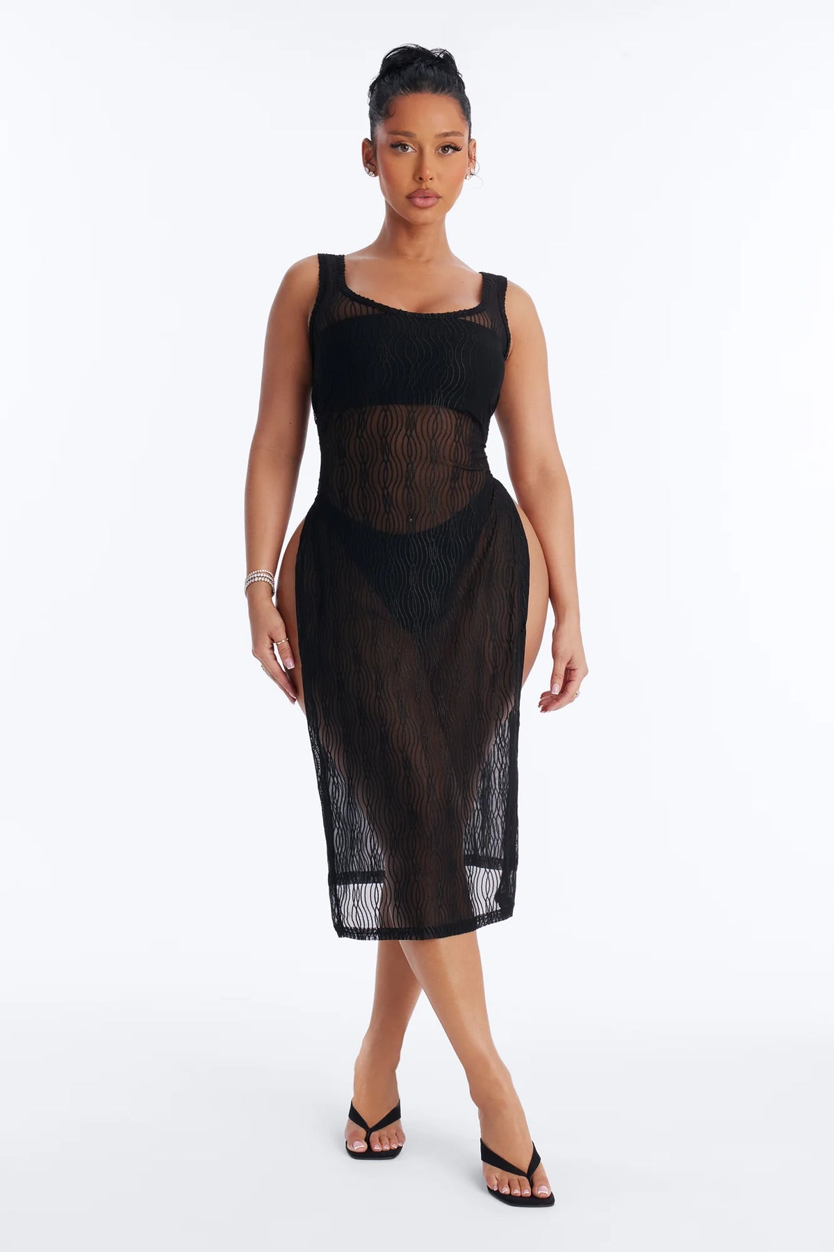 Live In The Moment Mesh Cover Up High Slit Dress - Black