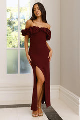 Manhattan Nights Off Shoulder Maxi Dress Maroon