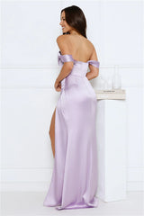 Silken Starlet Off Shoulder Satin Maxi Dress Lavender