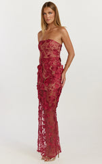 Sienna Maxi Dress - 3D Floral Strapless Column Dress in Wine