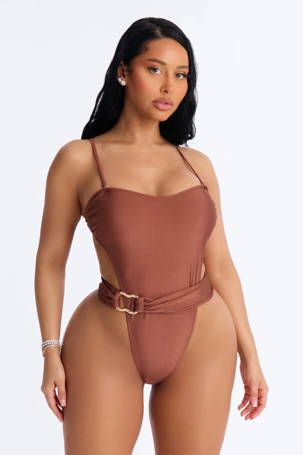 On The Bright Side 1 Piece High Cut Belted Swimsuit - Brown