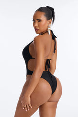 Miami Beat Studded 1 Piece Halter Cut Out Swimsuit - Black
