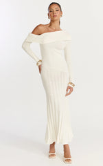 Elaine Midi Dress - Knit Off Shoulder Asymmetric Panel Dress in Cream