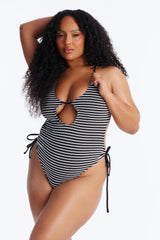 Adelina Striped 1 Piece Cut Out Swimsuit - Black/White
