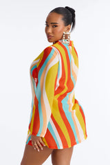 Desert Oasis Striped Triangle Bikini Mesh Shirt Cover Up Set - Orange/combo