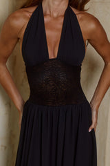 FERNANDA PLUNGE HALTER MAXI DRESS - BLACK