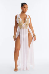 Leslie Applique High Slit Cover Up Dress - White