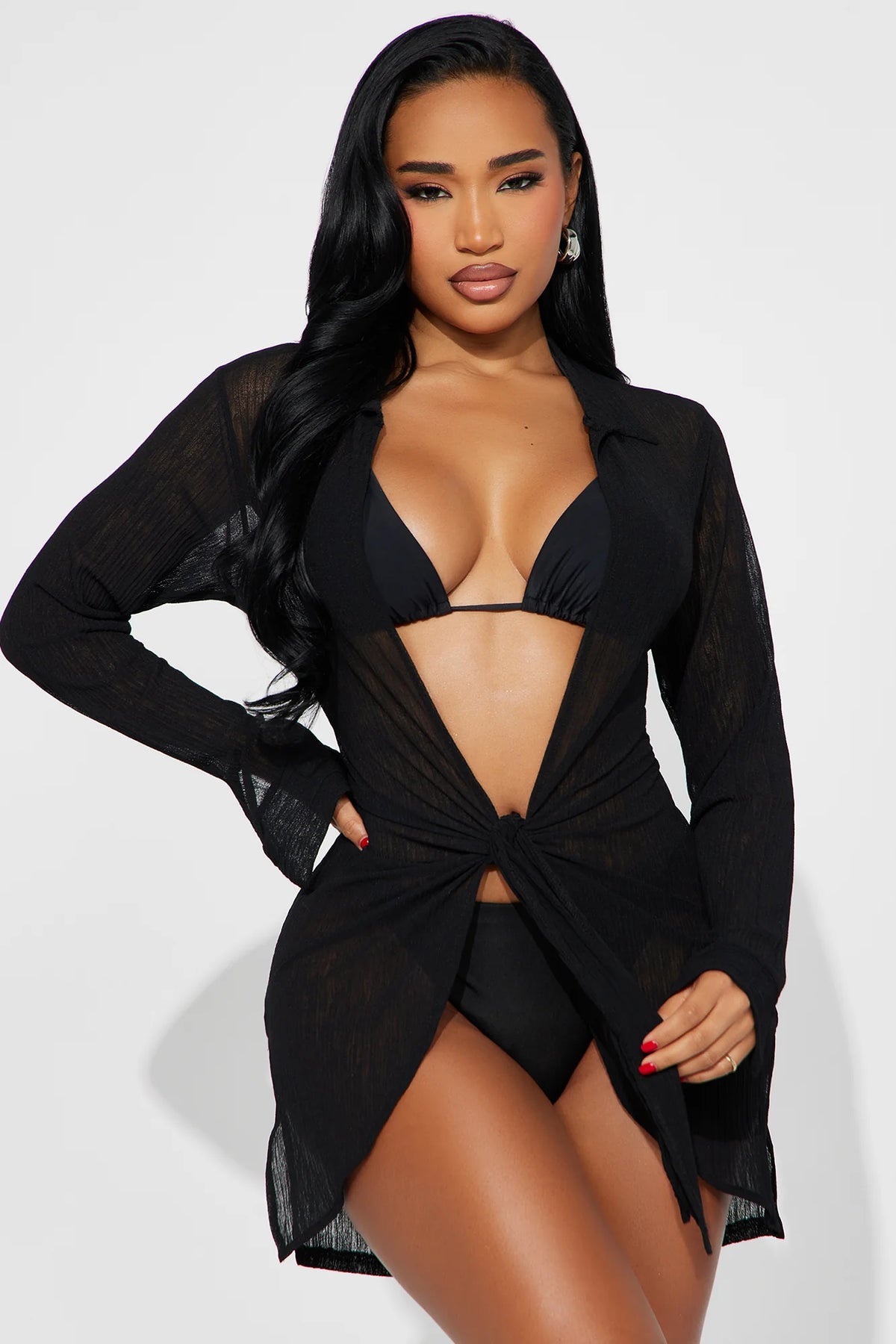 Summer Breeze Knotted Plisse Cover Up Dress - Black