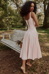 pink cotton lace up midi sundress