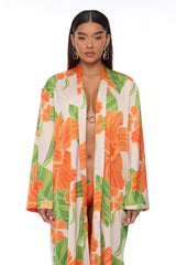 Tropic Oasis Vacation Kimono Bikini 3 Piece Set - Orange/combo