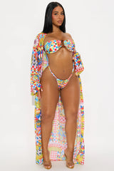 Adelina Coastal Print Bandeau 3 Piece Bikini & Kimono Set - Multi Color