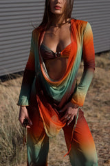 Summer Muse Cowl Neck Mesh Cover Up Pants Set - Multi Color