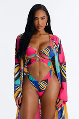Leila Abstract Cut Out 1 Piece Swimsuit With Swim Cover Up Kimono - Multi Color