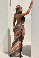 Keep Cool Fringe Hooded Mesh Cover Up Maxi Dress - Brown/combo