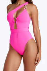 Palm Island 1 Piece Hardware One Shoulder Swimsuit - Hot Pink