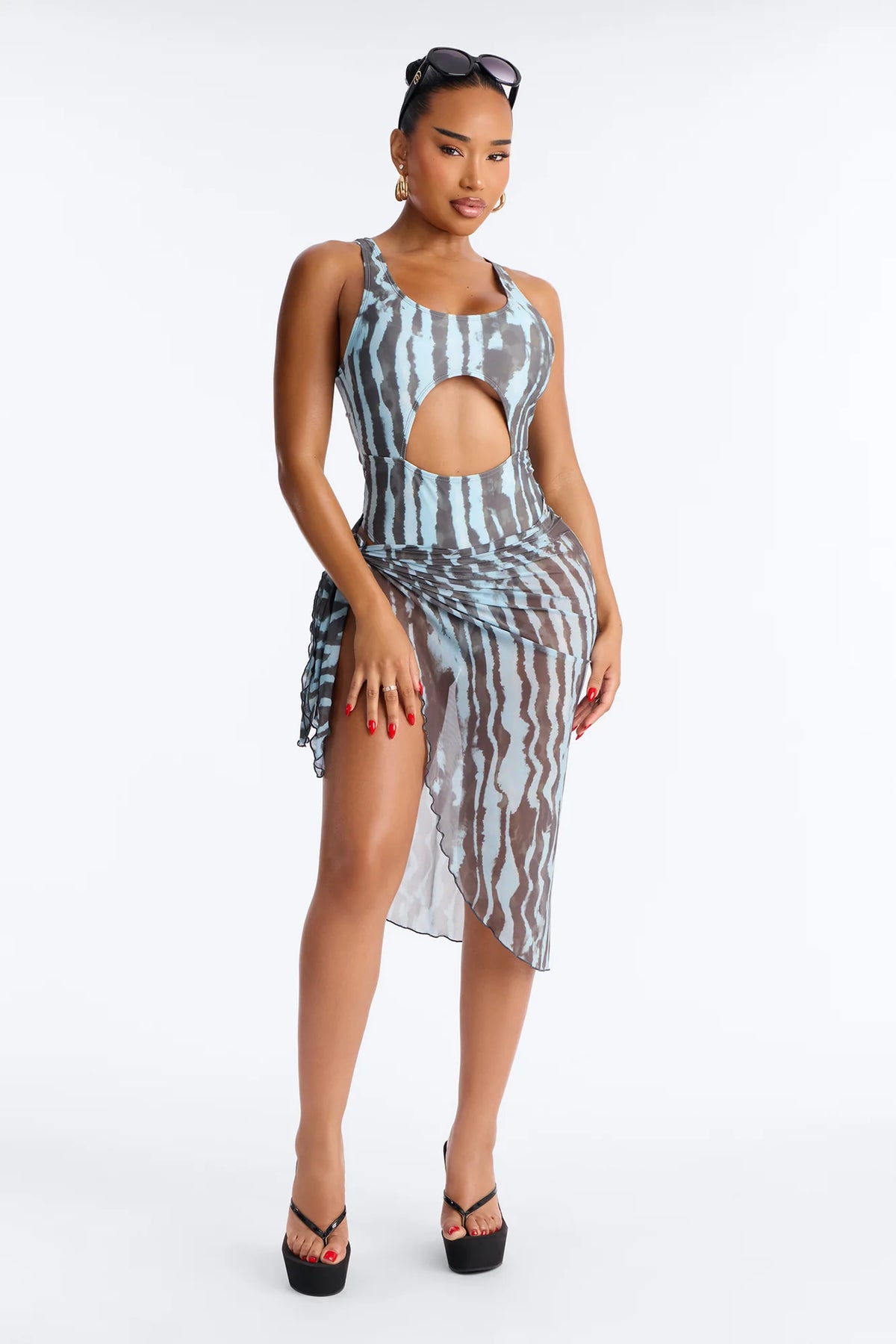 Sundown Stretch 1 Piece Animal Tie Dye Front Cut Out Swimsuit With Sarong - Blue