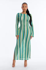 Izzy Pinstripe Flare Sleeves Maxi Swim Cover Up Dress - Green/combo
