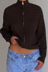 Bea Cable Knit Zip Up Sweater - Chocolate Brown