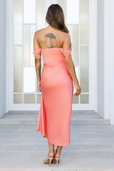 Sunrise Bloom Off Shoulder Mesh Maxi Dress Coral
