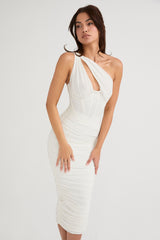 ivory asymmetric cutout midi dress