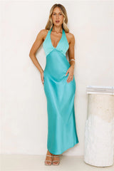Speaks For Itself Satin Halter Maxi Dress Turquoise