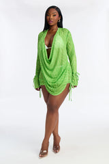 Summer Muse Cowl Neck Mesh Cover Up Mini Skirt Set - Lime
