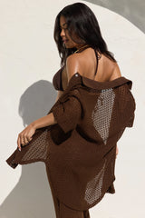 Abby Button Up Swim Cover Up Top - Chocolate