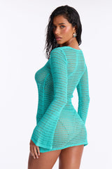 Clare Textured Long Sleeve O-Ring Swim Cover Up Dress - Turquoise