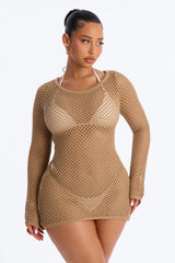 Cassie Crochet Deep Scoop Backless Cover Up Dress - Tan