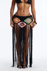 Aliana Crochet Fringe Cover Up Skirt - Black/combo