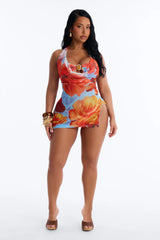 Let Then Show Hardware Low Scoop Slit 3 Piece Bikini Dress Set - Orange/combo